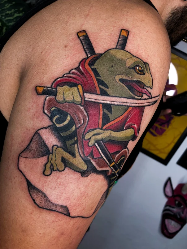 Neo-traditional Frog, Samurai tattoo on Shoulder