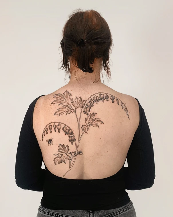 Botanic Flower, Bee tattoo on Upper Back