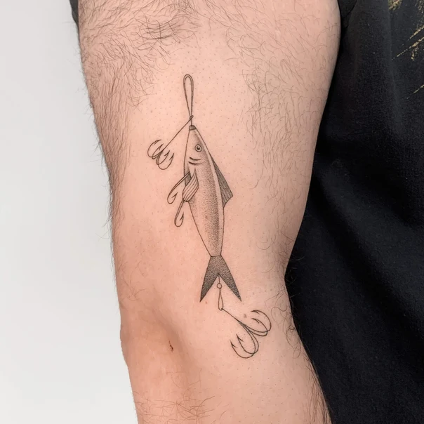 Linework Fish, Fishing hook tattoo on Forearm