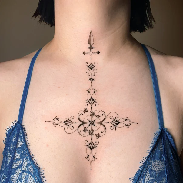 Ornamental Cross, Floral tattoo on Sternum