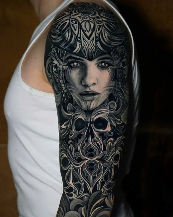 Чёрно-серая Portrait, Skull tattoo на Полный рукав