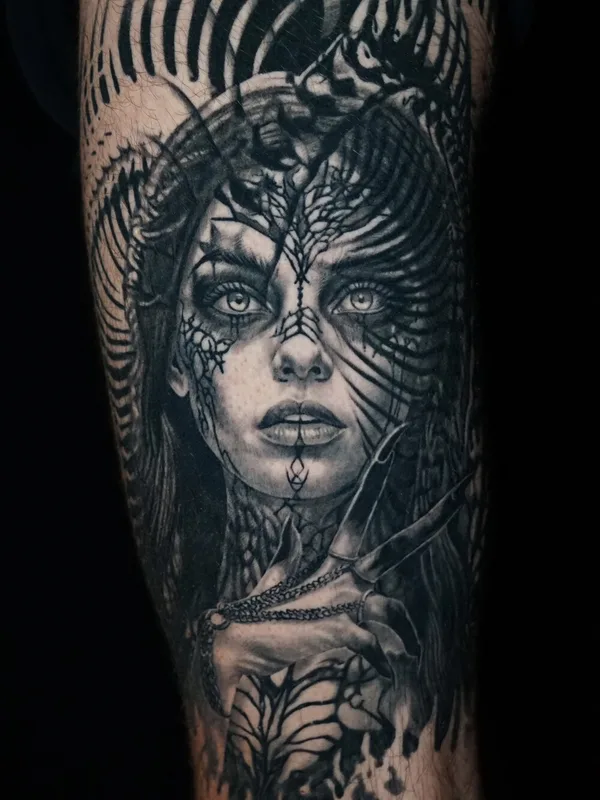 male blackandgrey surrealism 纹身 在 thigh #102645 | 纹身师 Anastasia Kiseleva 