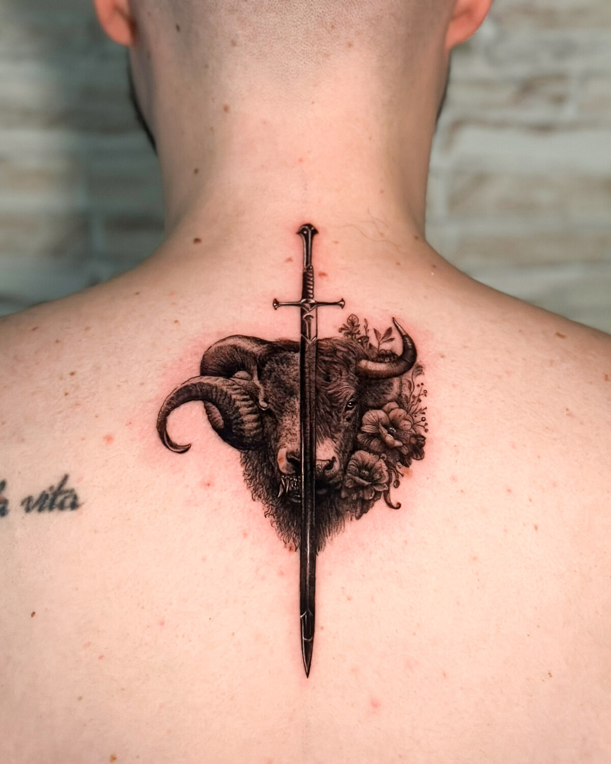 Чёрно-серая Ram, Sword tattoo на Верхняя часть спины