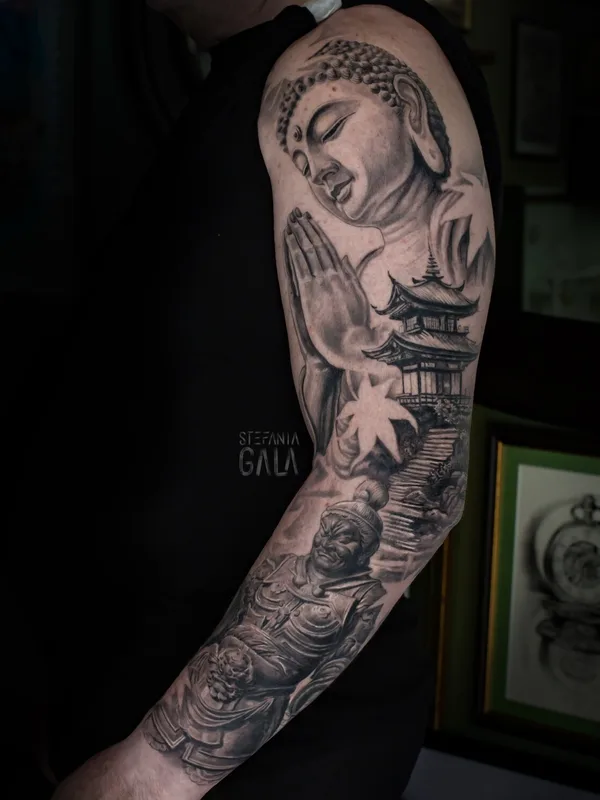 male blackandgrey realism Tatuaggio su sleeve #103277 | Tatuatore Stefania Gala