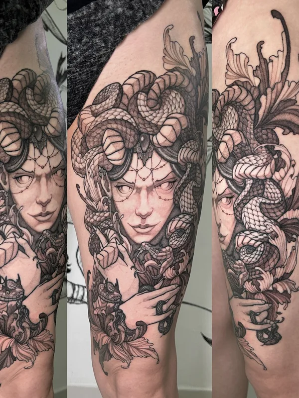 female blackandgrey graphic 纹身 在 leg #103537 | 纹身师 Roman Brumel