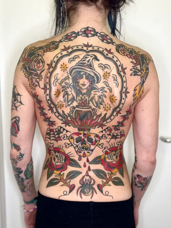 female color traditional татуировка на full back #130526 | Тату мастер Abra Tattoo