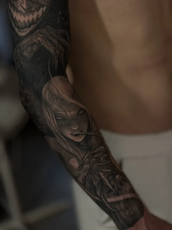 black and grey black and grey tattoo auf full sleeve #98705 | Tätowierer Денис Норд