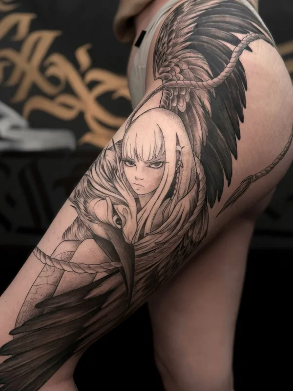 female black graphic татуировка на thigh #105687 | Тату мастер Анна Дубровина