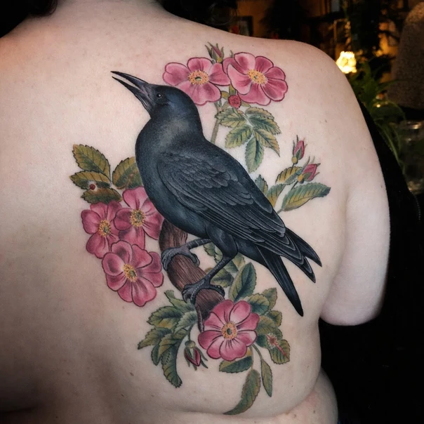 Illustrative Crow, Flowers tattoo on Upper Back