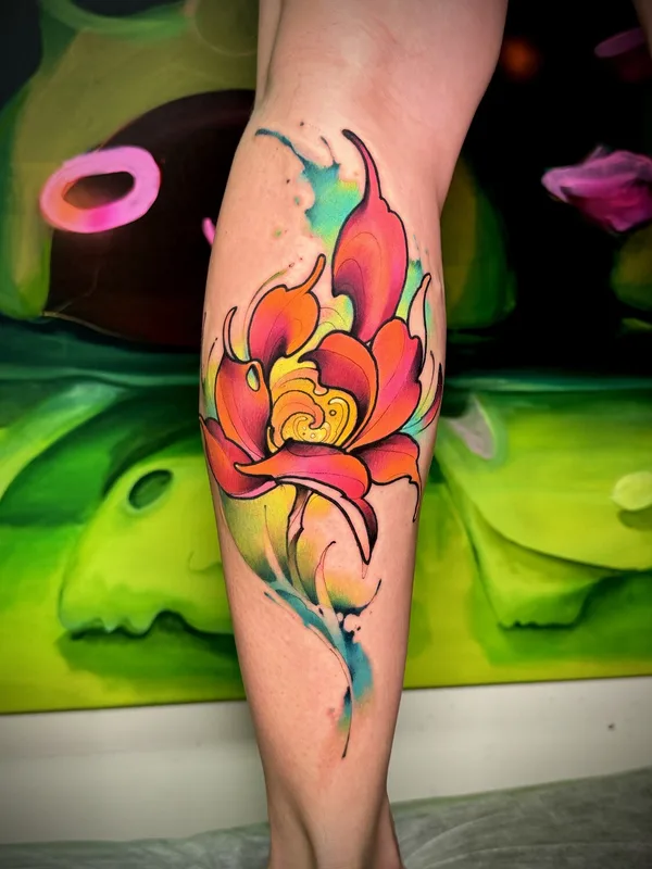 female color watercolor tattoo on calf #92679 | Tattoo Artist Антон Ковригин (Yellow Dog)
