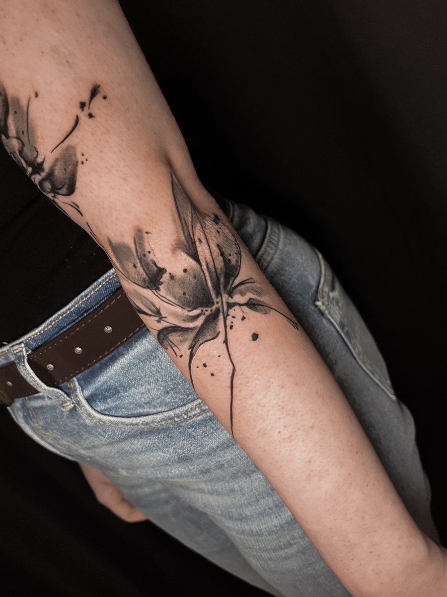 Black & Grey Flower, Lily tattoo on Forearm