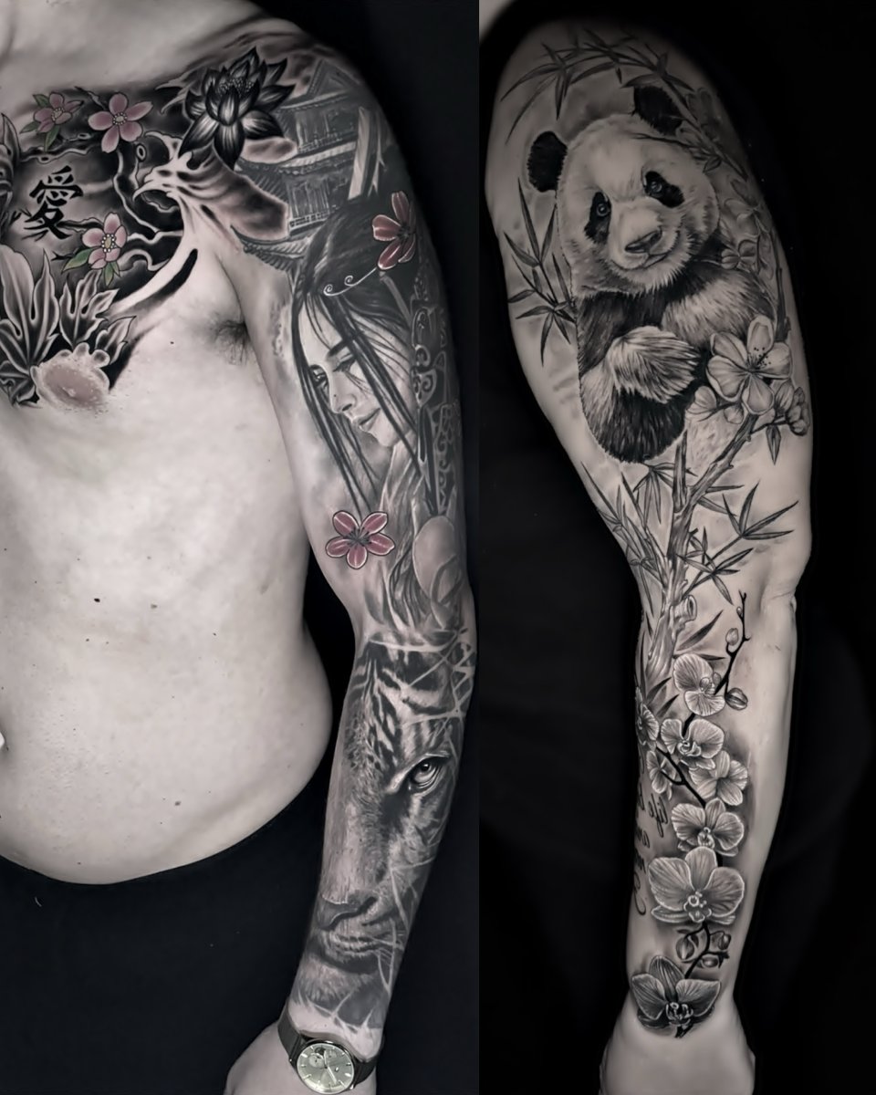 Realism Tiger, Panda tattoo on Full Sleeve