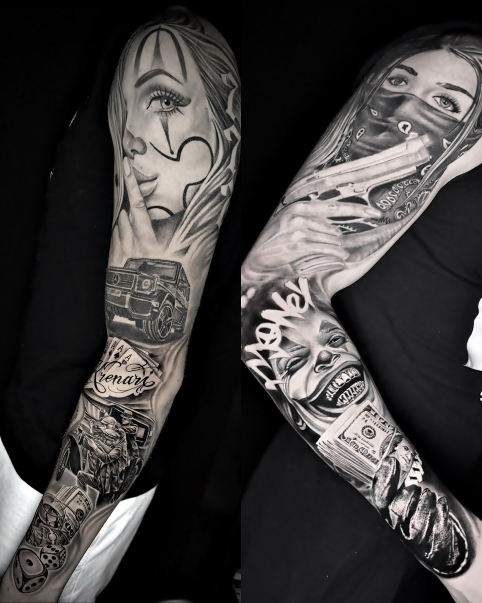 Chicano Woman portrait, Mercedes G-wagon tattoo on Full Sleeve