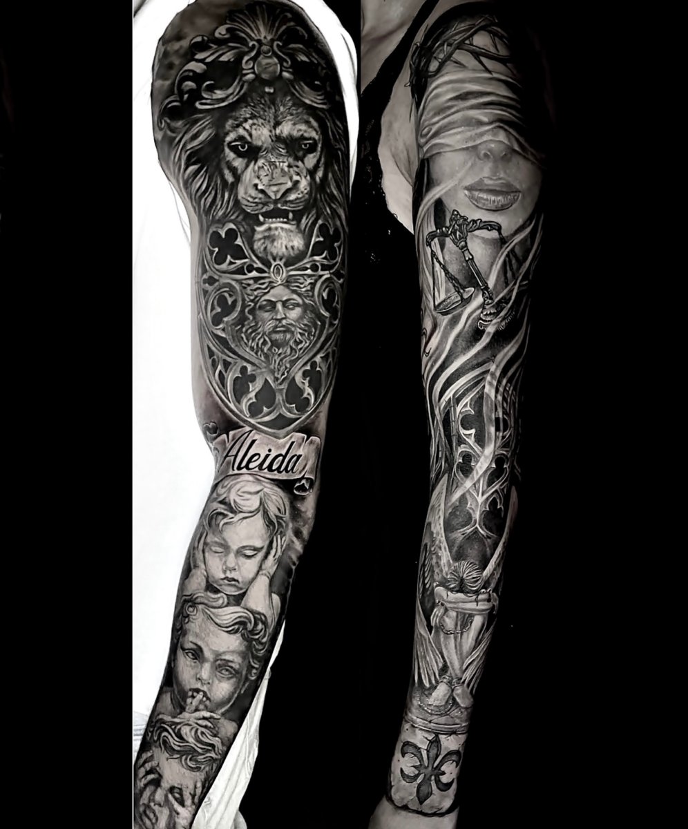 Realism Lion, Lady justice tattoo on Full Sleeve