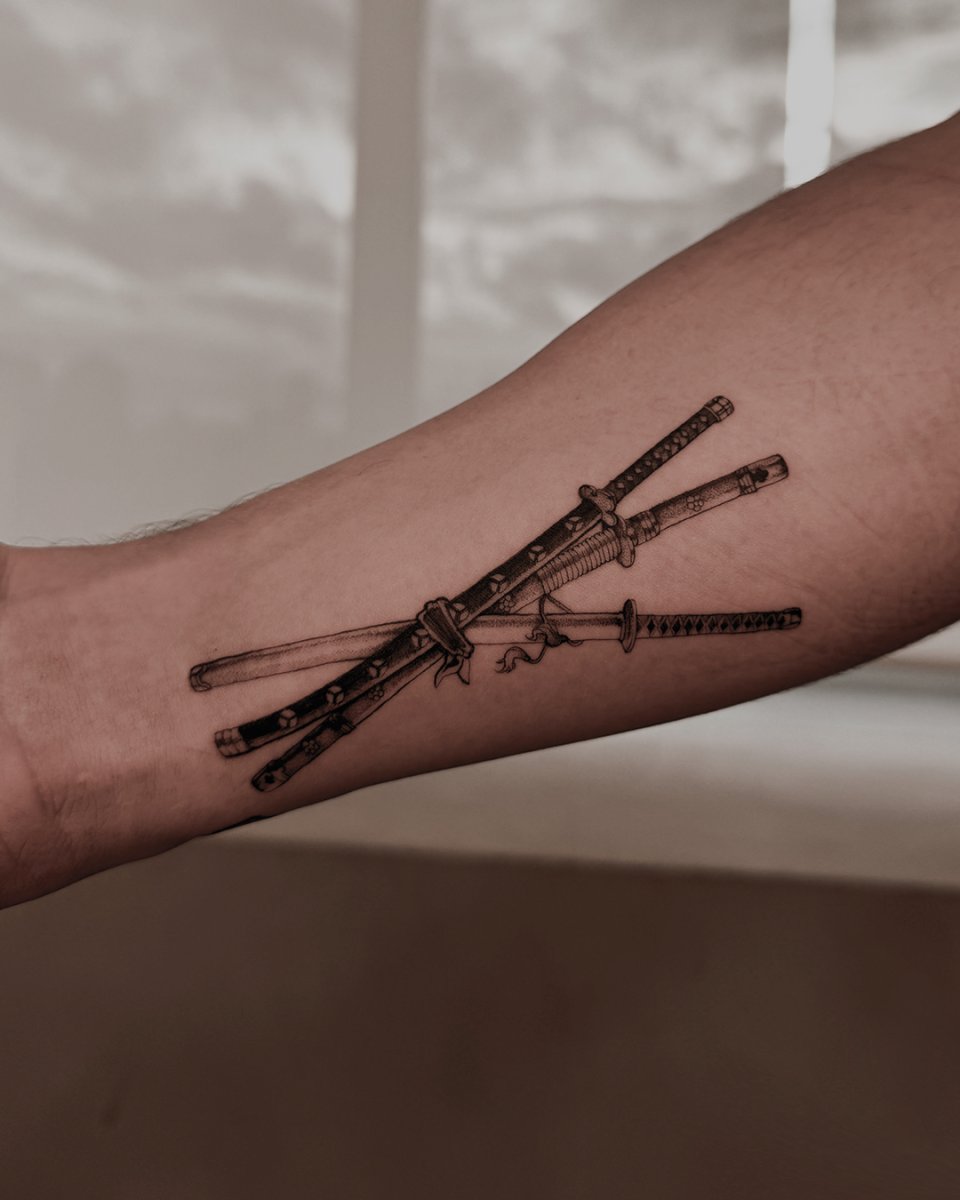Black & Grey Katana, Wakizashi tattoo on Forearm