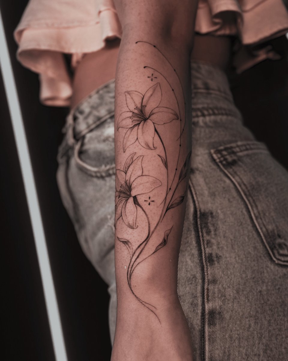 Fineline Lily, Flower tattoo on Forearm