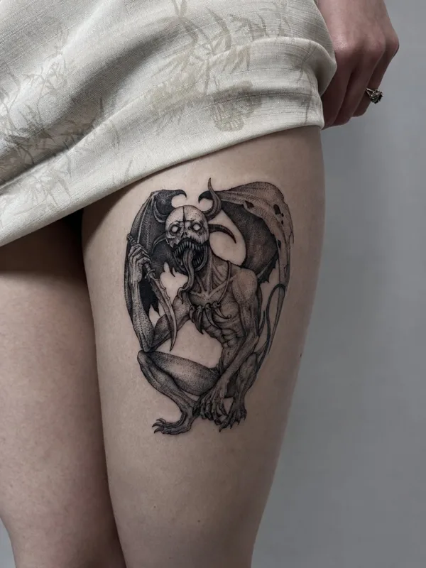 female black and grey dotwork 타투 부위 thigh #130376 | 타투이스트 AVEEVA