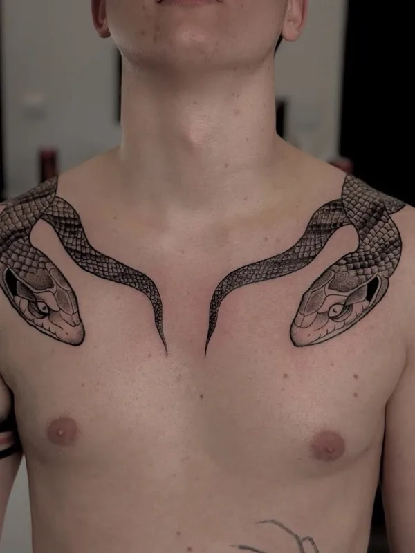 male black and grey trash polka tattoo auf chest #130414 | Tätowierer Ilya Raukuts