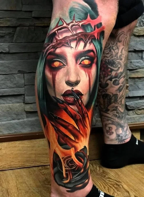 Realism Portrait, Rose tattoo on Calf