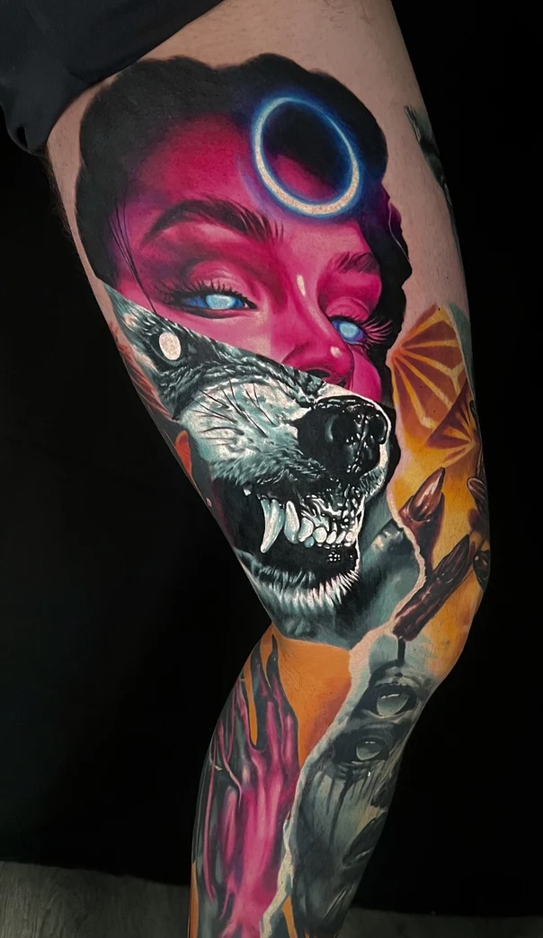 Illustrative Wolf, Face tattoo on Thigh