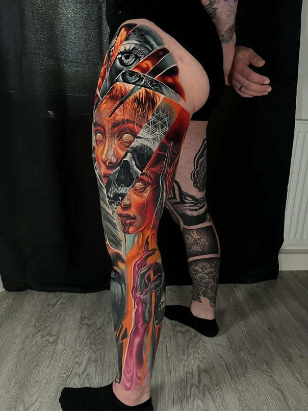 Surrealism Face, Skull tattoo on Full leg