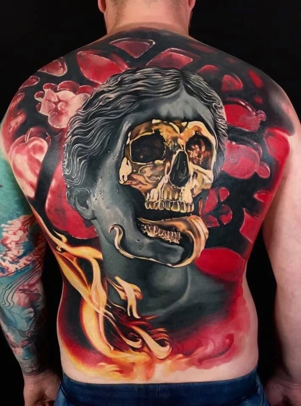 Realism Skull, Floral tattoo on Full Back