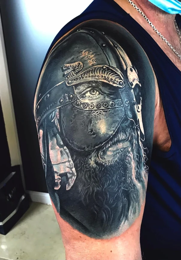 Realism Portrait, Helmet tattoo on Shoulder