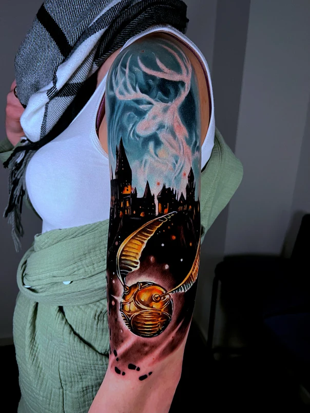 Illustrative Deer, Castle tattoo on Full Sleeve