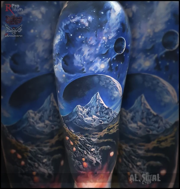 Реализм Mountain, Space tattoo на Полный рукав