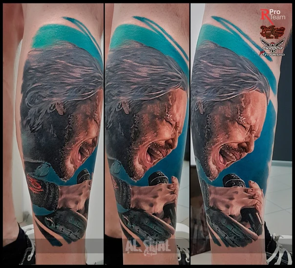 Realism Portrait, Microphone tattoo on Calf