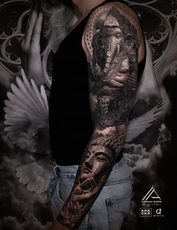 Реализм Ganesha, Buddha tattoo на Полный рукав