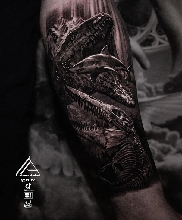 Реализм Dinosaur, Shark tattoo на Предплечье