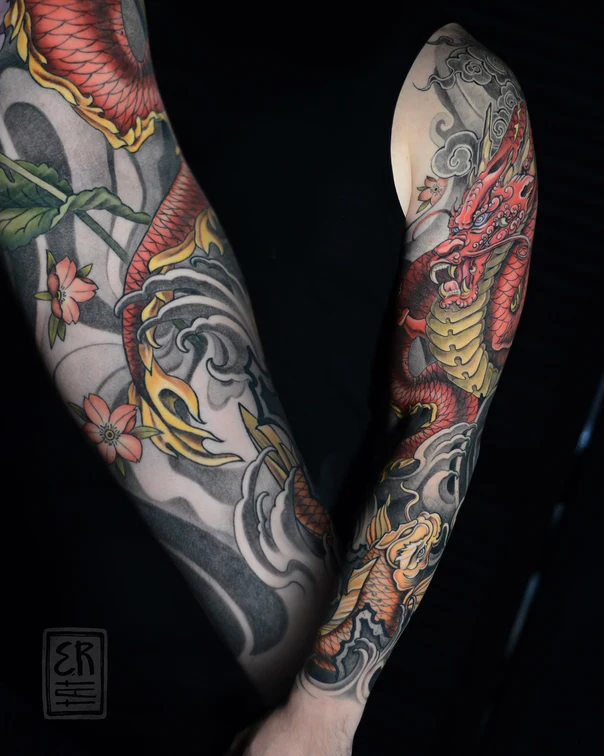 Японская Dragon, Koi tattoo на Полный рукав