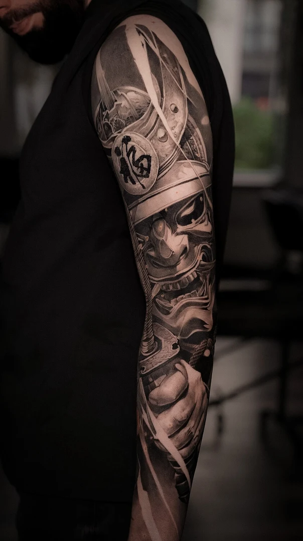 Японская Samurai, Mask tattoo на Полный рукав