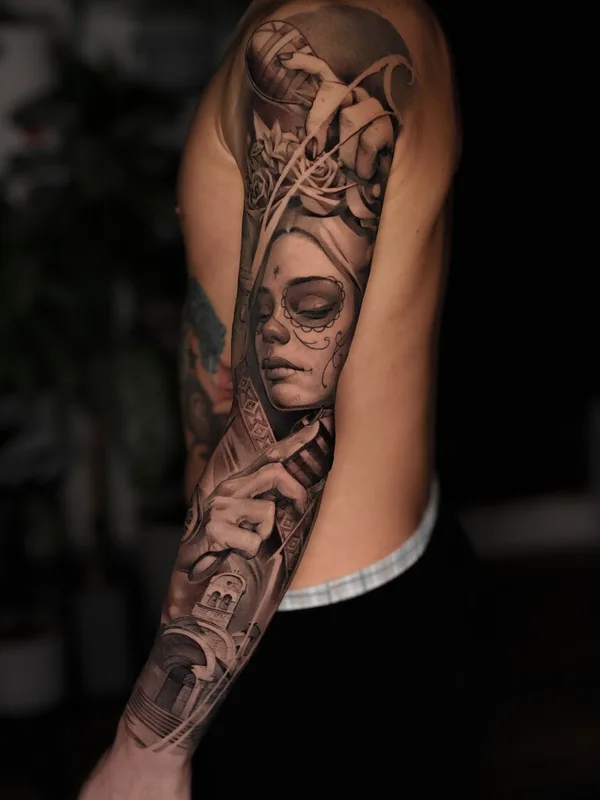 male black and grey realism Tatuagem em full sleeve #98732 | Tatuador Кирилл Матусевич
