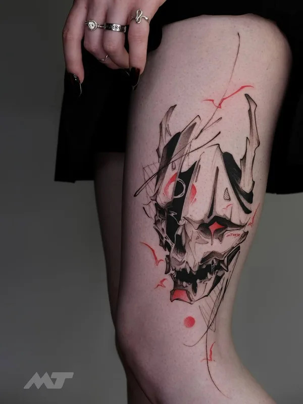 female black and grey illustrative tattoo on thigh #97135 | Tattoo Artist Михаил Моррисон