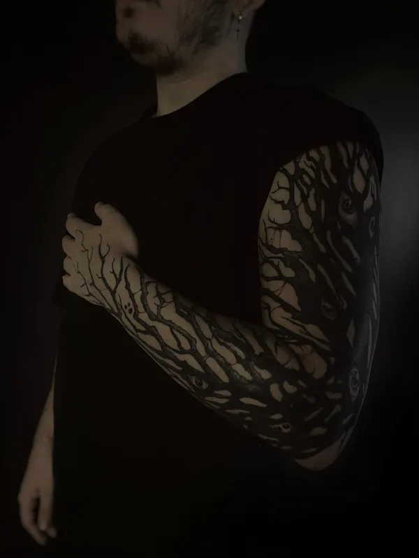 male blackandgrey blackwork татуировка на sleeve #97659 | Тату мастер Anastasia Foga