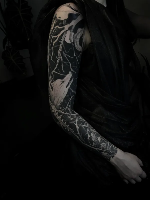 female black blackwork татуировка на full sleeve #97661 | Тату мастер Anastasia Foga