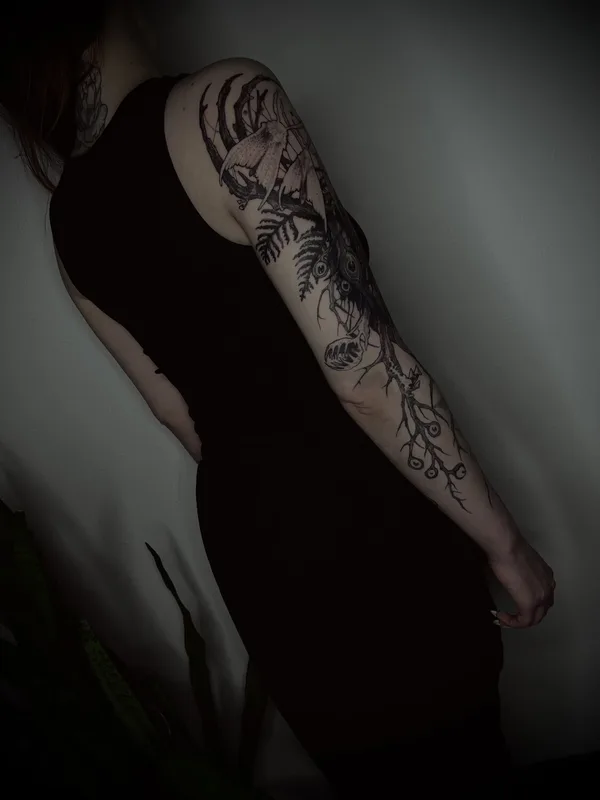 female blackandgrey blackwork татуировка на sleeve #97660 | Тату мастер Anastasia Foga