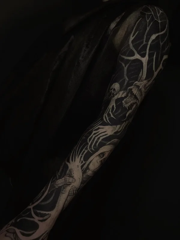 male blackandgrey graphic татуировка на sleeve #102872 | Тату мастер Anastasia Foga