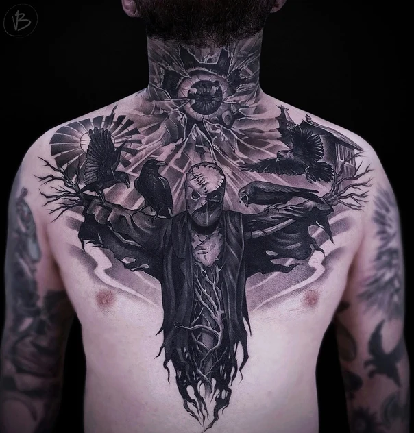 Блэкворк Crow, Scarecrow tattoo на Грудь