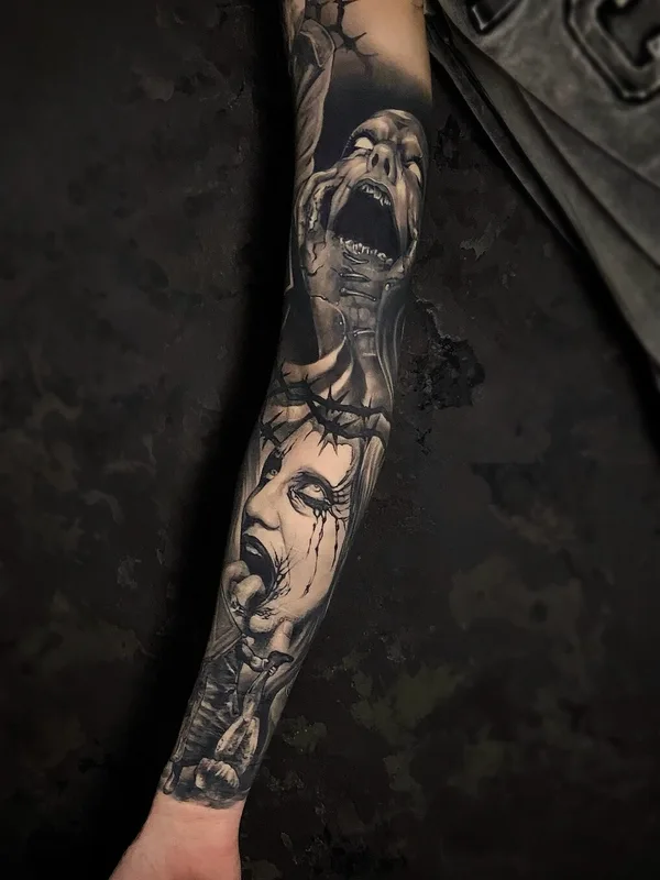 black and grey black and grey 타투 부위 full sleeve #101195 | 타투이스트 Вадим Борисочкин