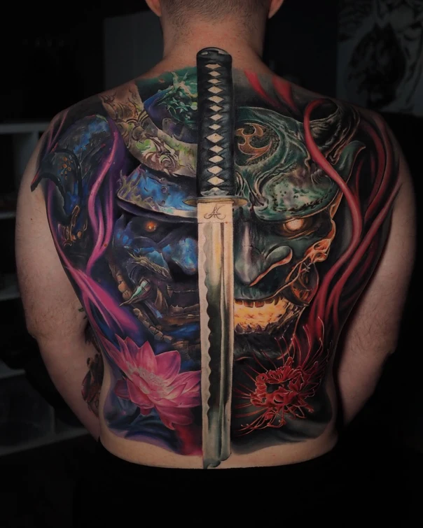 Японская Samurai, Oni tattoo на Спина (полная)