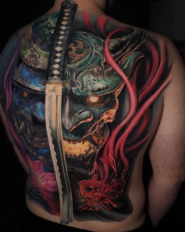 Японская Oni, Katana tattoo на Спина (полная)