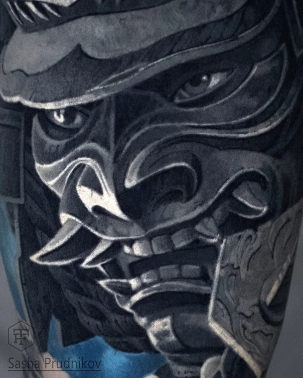 Чёрно-серая Mask, Samurai tattoo на Предплечье