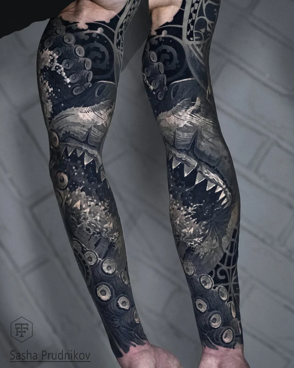 Blackwork Octopus, Shark tattoo on Full Sleeve