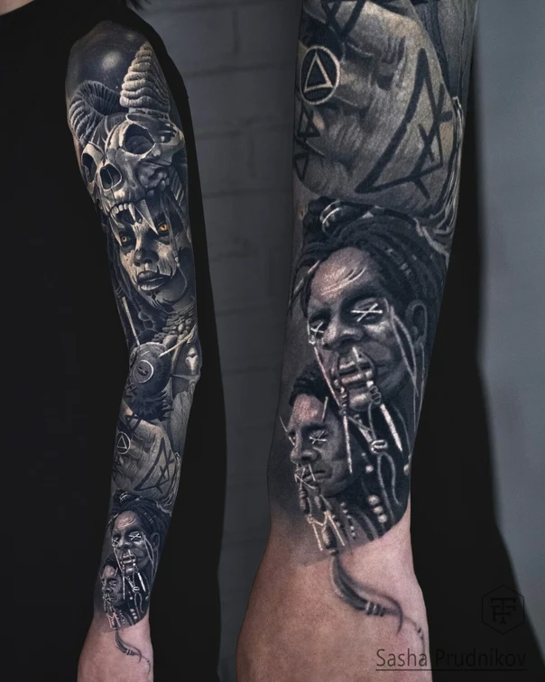 Чёрно-серая Skull, Portrait tattoo на Полный рукав