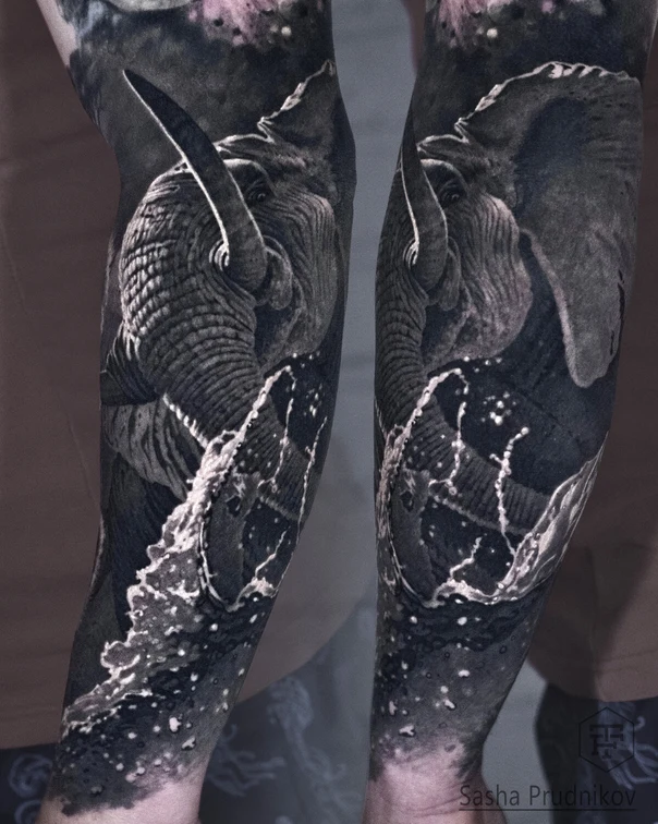 Реализм Elephant, Water tattoo на Полный рукав