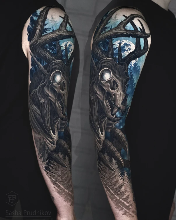 Реализм Skull, Deer tattoo на Полный рукав