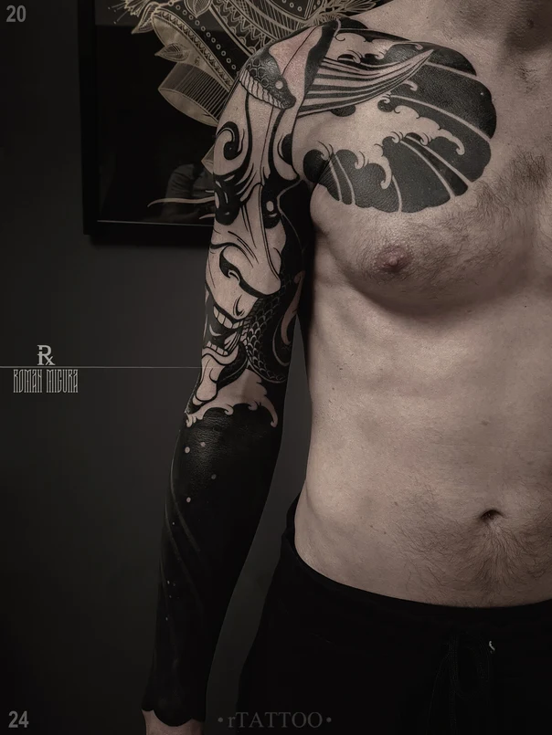 Блэкворк Wave, Demon tattoo на Полный рукав